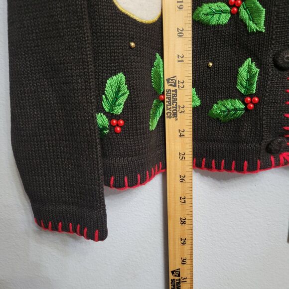 VTG Ship N Shore Christmas Cardigan Sweater Snowman Holly Beaded Embroidered XL - Picture 8 of 9